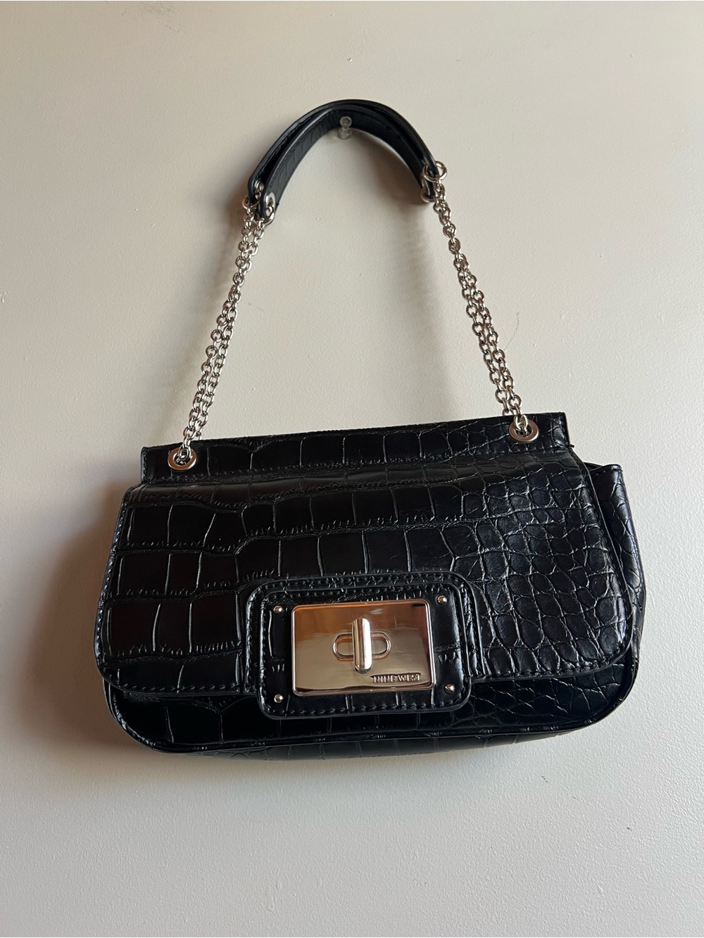 Nine West Black Croc Embossed Shoulder Bag Silver Chain Strap Purse Y2K 2000s